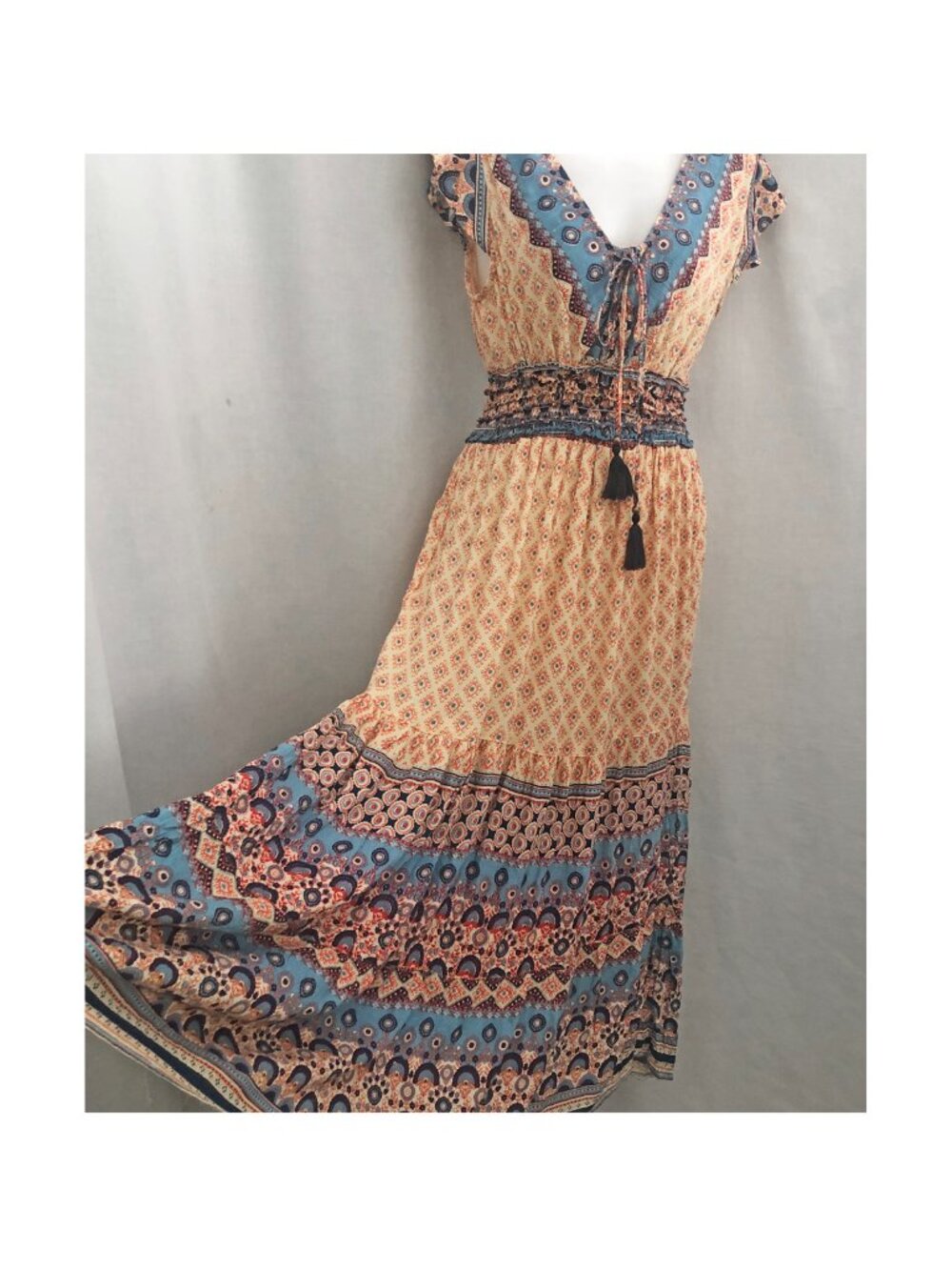 Angie Boho India Print Tassel Tie Maxi Dress Size Small NWT - Picture 6 of 12